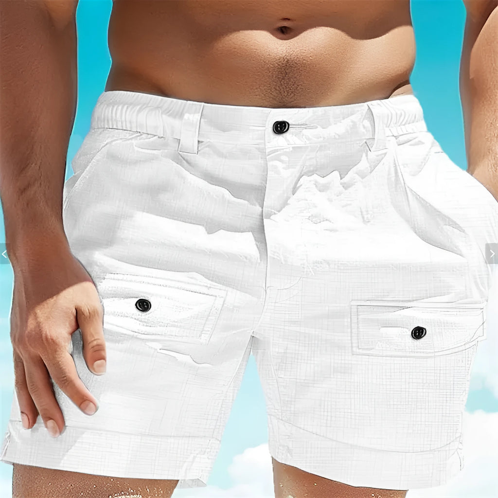 Men's linen shorts with elastic waist and button pockets in white and khaki colours