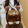 Coati plush cartoon backpack in brown with soft plush exterior and polyester lining, height 26cm, width 27cm