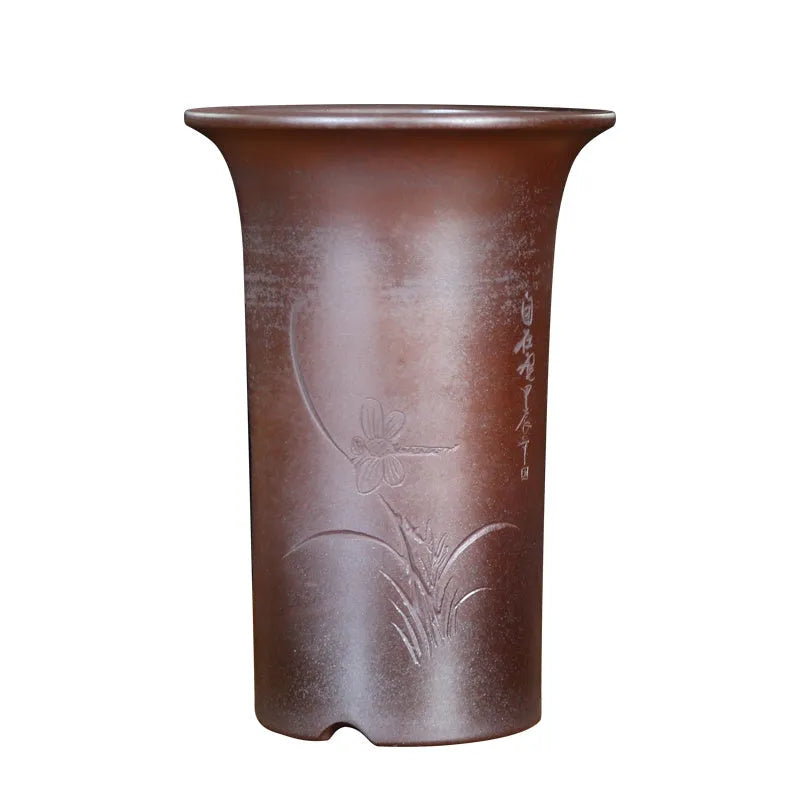 Round carved purple sand ceramic orchid pot with black firewood flat mouth for desktop or ground use