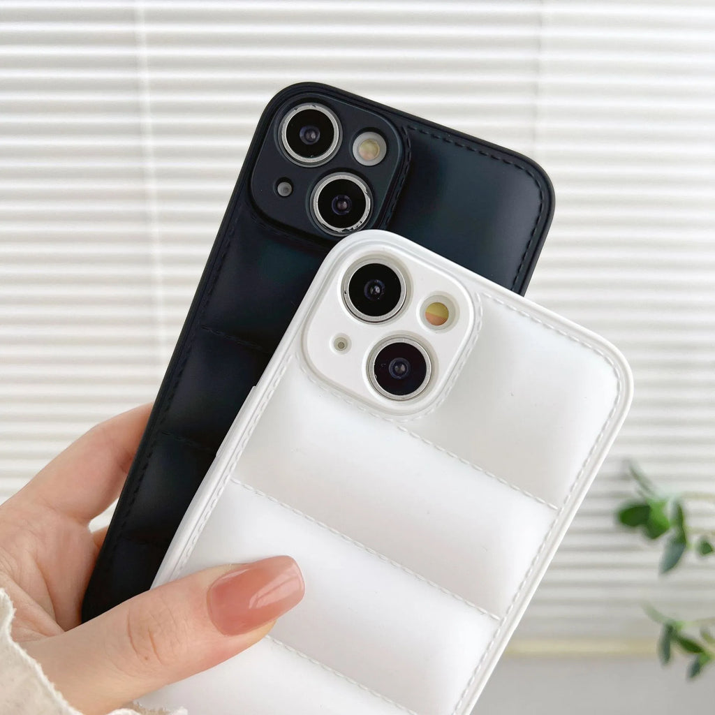 Plastic down jacket phone case for iPhone 15 series in black, shockproof TPU back cover