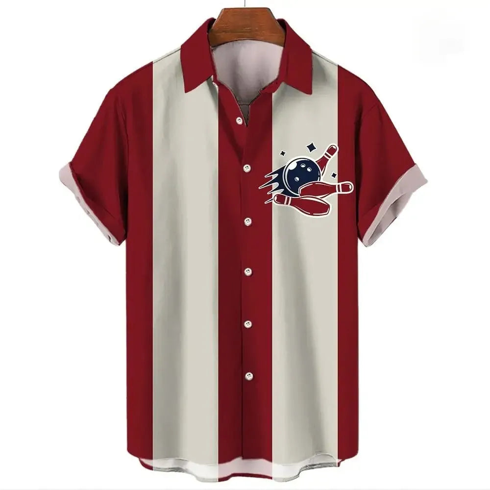Man wearing a striped short sleeve Hawaiian shirt with button front.