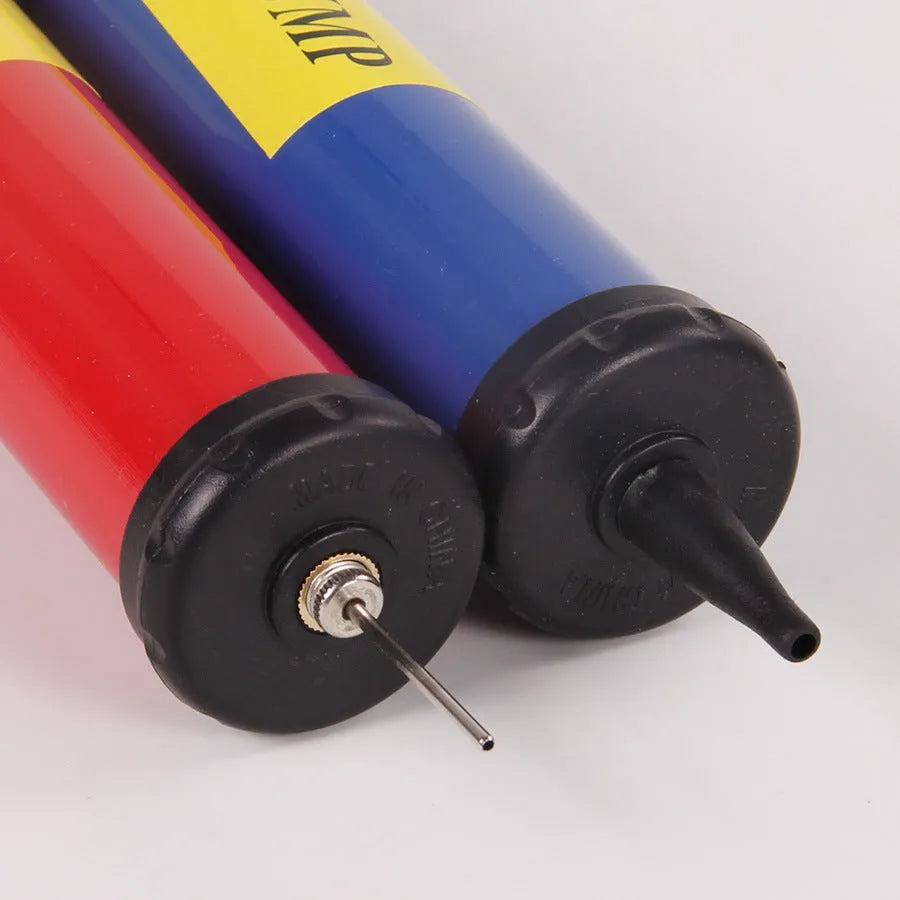 Manual plastic hand pump for inflating basketballs, volleyballs, and footballs in mixed colours.