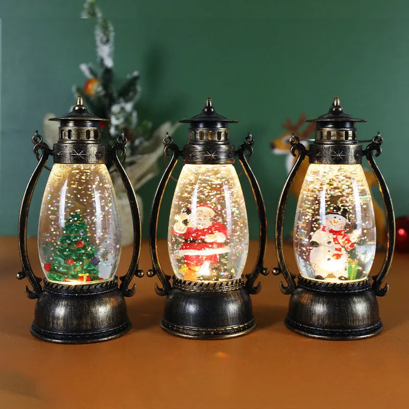 Portable plastic Christmas desk decoration featuring a crystal ball light and a choice of snowman or elderly figure design.