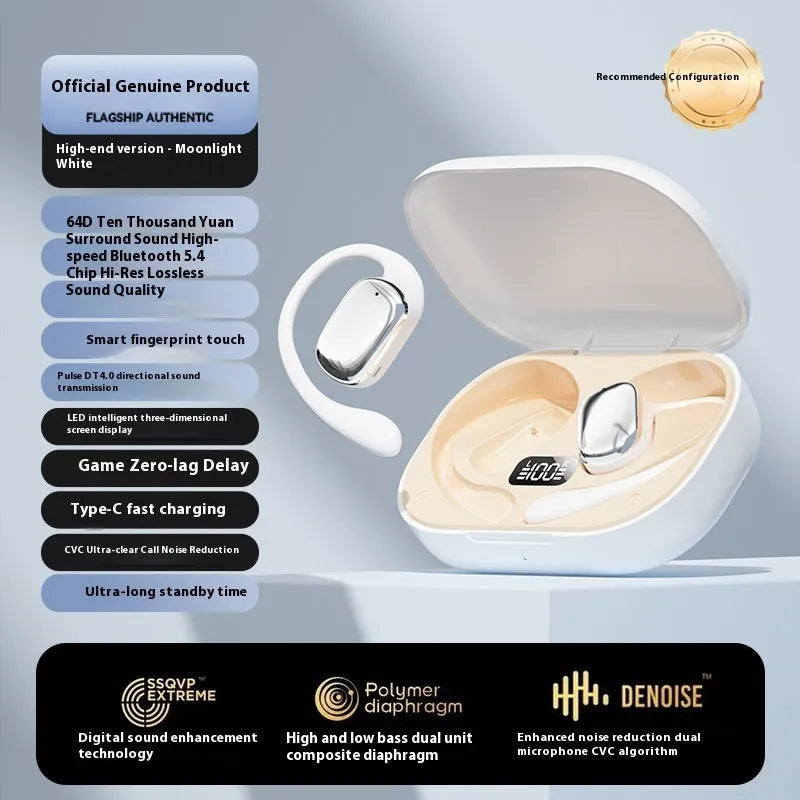 Ear-mounted wireless earpiece with digital display in black, white, and skin colour