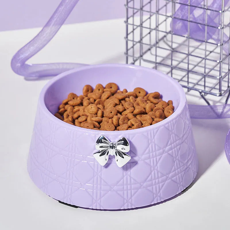 Bowknot diamond pattern pet feeding bowl for cats and small dogs in pink, silver, black, purple or white