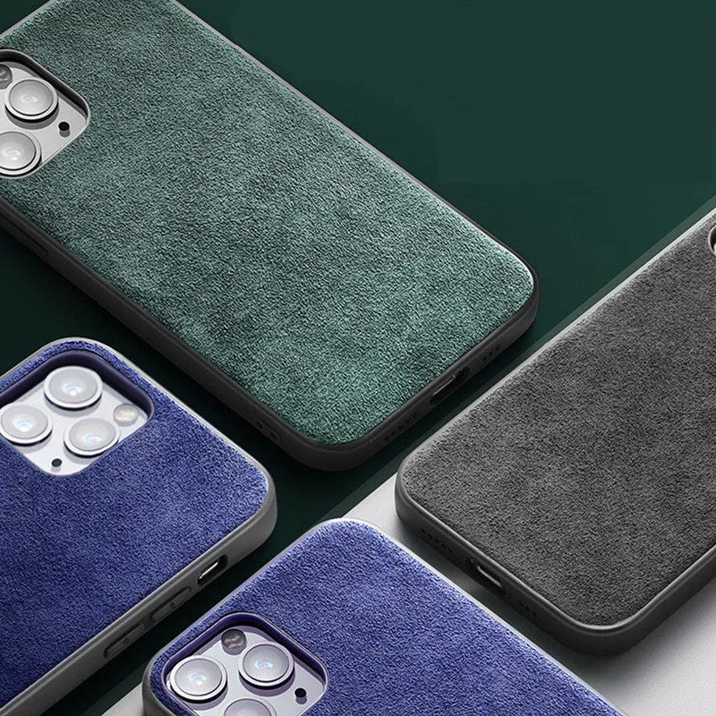 Suede iPhone case in dark blue colour showing full-cover protection and precise cutouts for ports and camera.