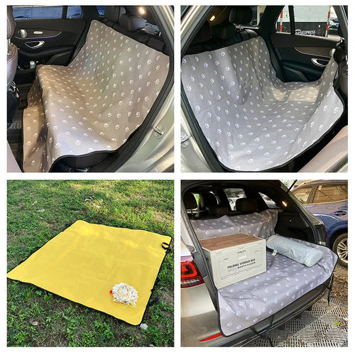 Car pet mat for rear seats in water resistant cloth with dog footprint design protecting vehicle upholstery
