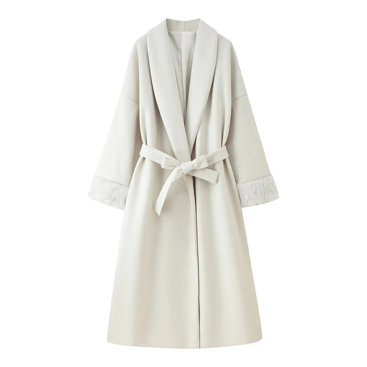 Solid colour lacing cuff woolen coat in apricot, loose fit polyester autumn winter jacket