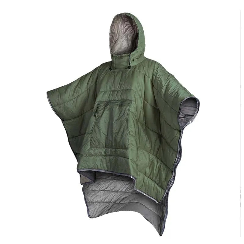 Outdoor cloak sleeping bag in grey or army green, showing wearable cape configuration and flat blanket layout