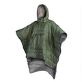 Outdoor cloak sleeping bag in grey or army green, showing wearable cape configuration and flat blanket layout