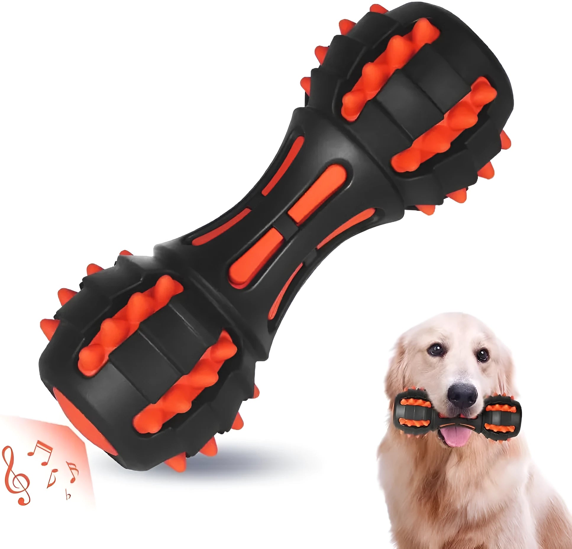 Red dumbbell-shaped dog chew toy made of natural rubber for aggressive chewers.