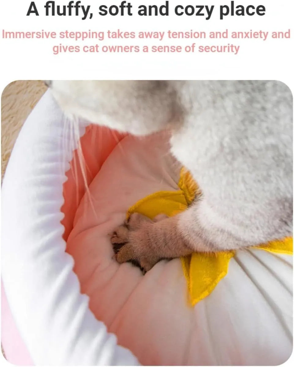 Pink and yellow honey pot shaped cat sofa bed with a removable cushion for small pets.