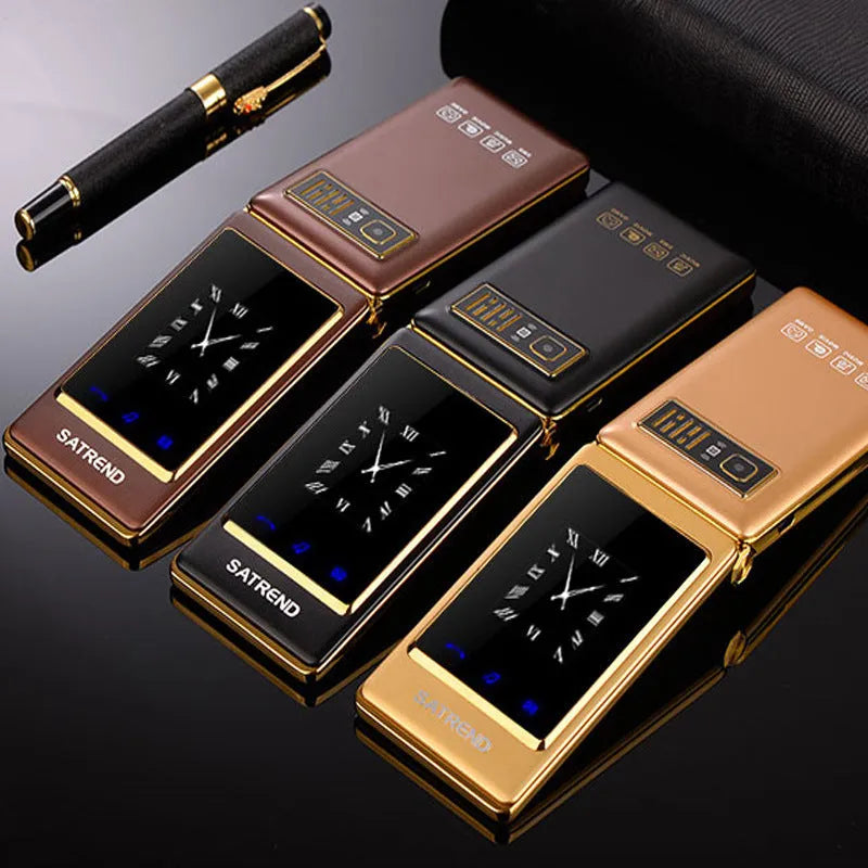 A15 dual screen flip phone for elderly users in black showing both internal touch screen and external display