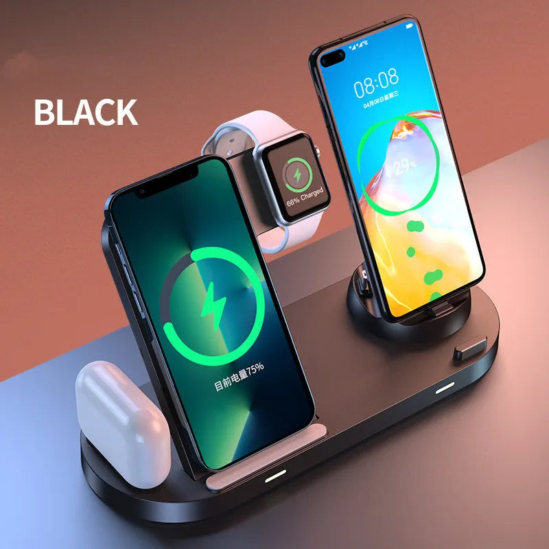 Black multifunctional wireless charger base plate with foldable design on a desk