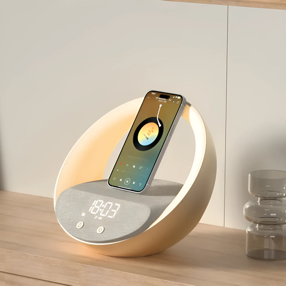 Multifunctional wireless charger clock with Bluetooth speaker, wake-up light, 15W charging, Beige and Gray, 220x176x187mm