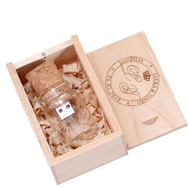 Wooden Wish Drift Bottle shaped USB flash drive with transparent casing and wooden detail, shown next to a scale for size.