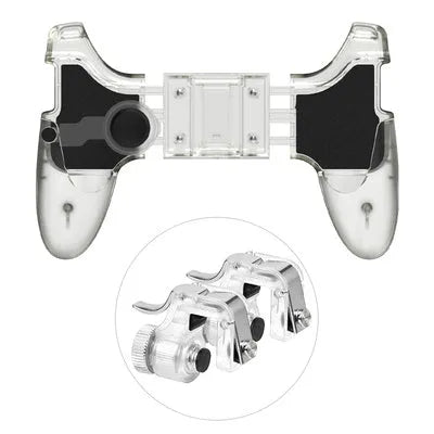 Black plug-in mobile phone gaming handle attached to a smartphone, showing ergonomic grips and physical buttons.