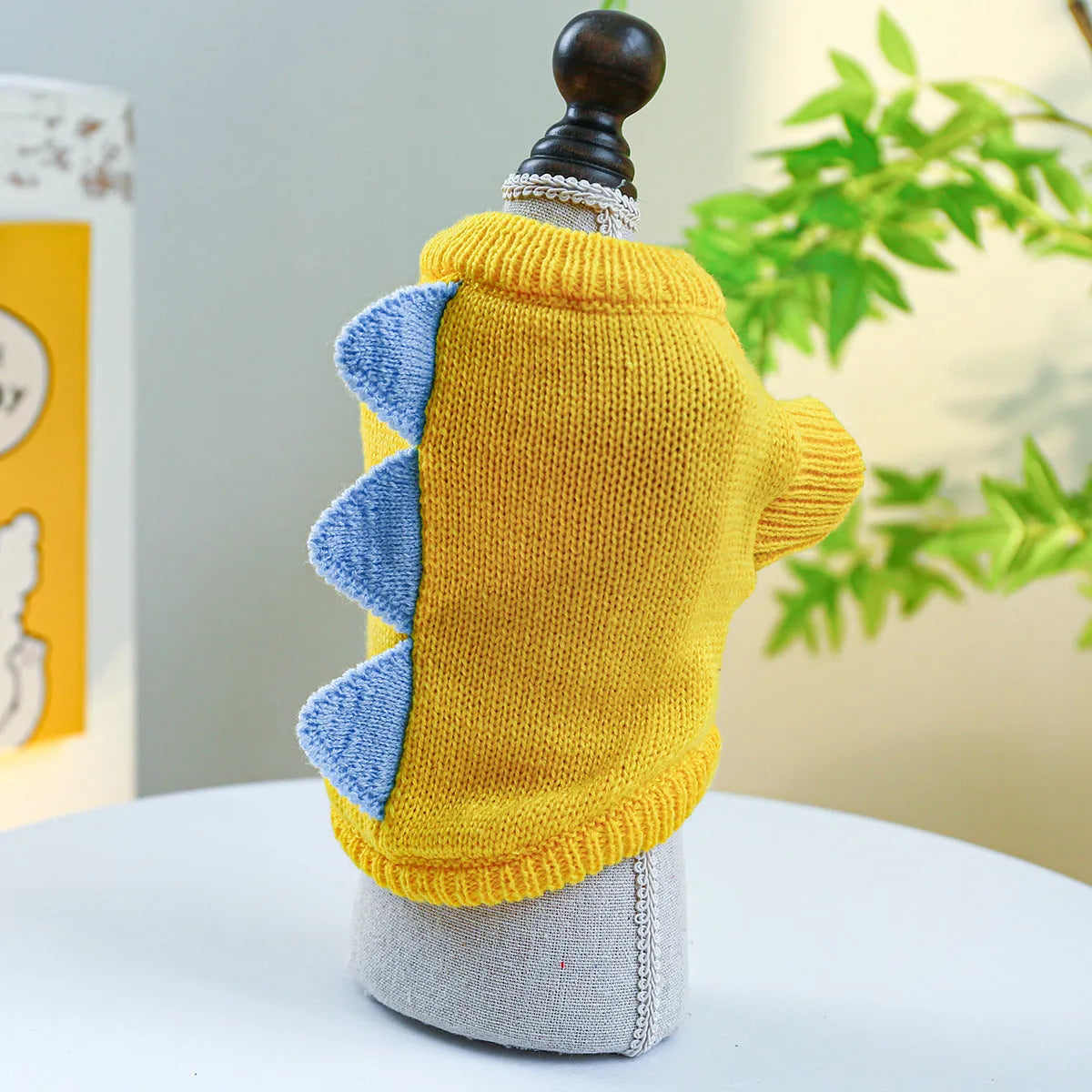 Green and yellow polyester dinosaur dog sweater for small to large dogs, sizes XS to XL