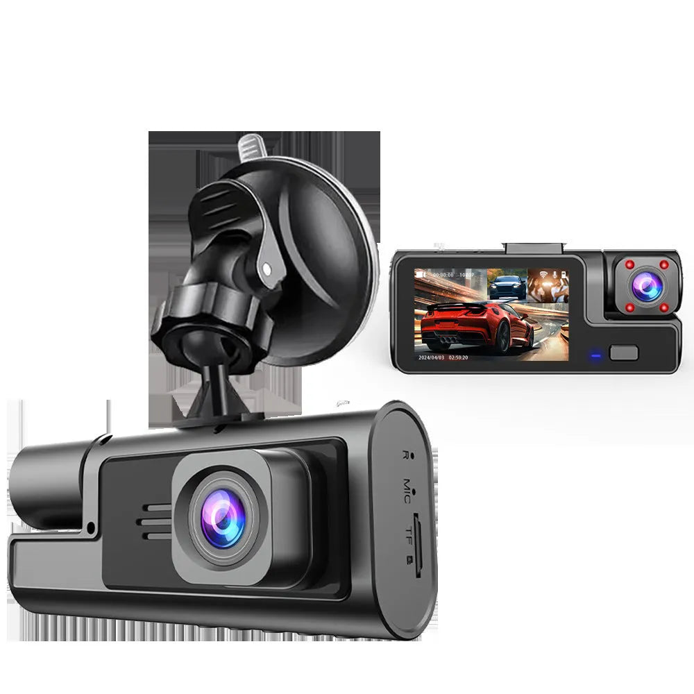 Black WiFi-enabled car dash cam with a 2-inch LCD screen mounted on a windscreen, showing a live video feed.
