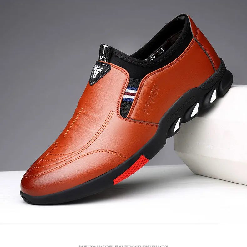 Men's black and brown PU leather business casual shoes with flat heel and lace-up or slip-on styles
