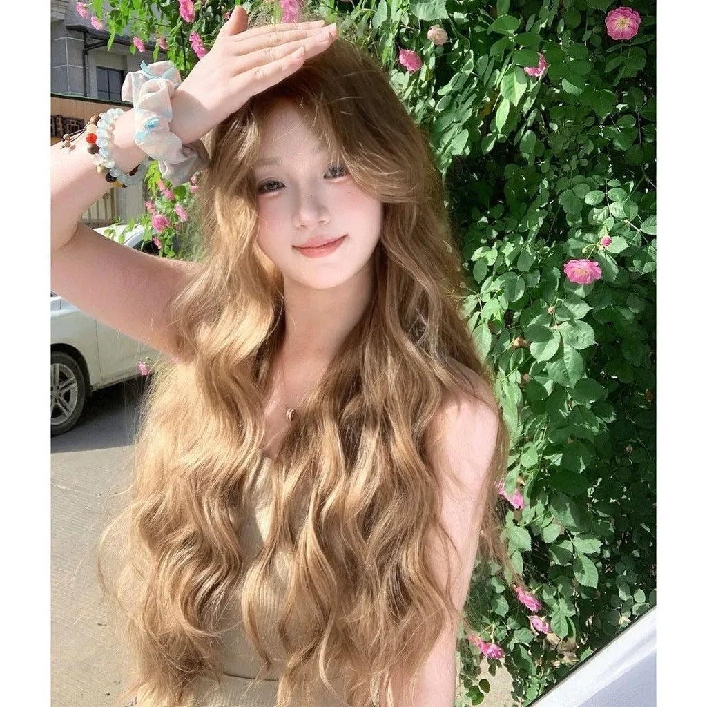 Linen brown synthetic wig with medium long curly hairstyle and hair net