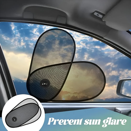 Black stretchy car window shade with suction cups attached to vehicle side window
