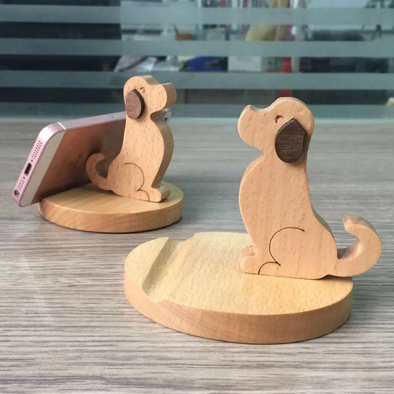 Brown solid wood cartoon puppy phone holder for desktop use with spray-painted finish