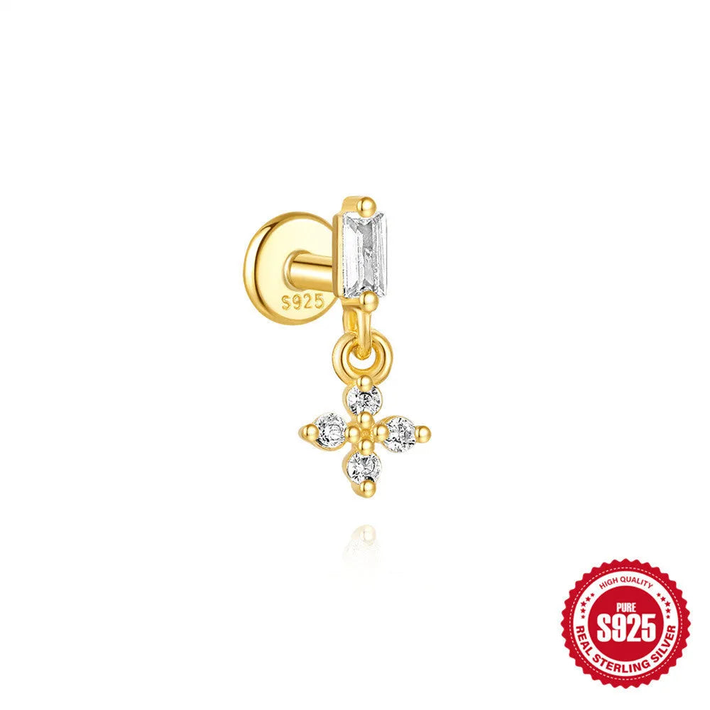 Geometric water drop shaped S925 sterling silver earrings with a flat spiral puncture back, in a gold electroplated finish.