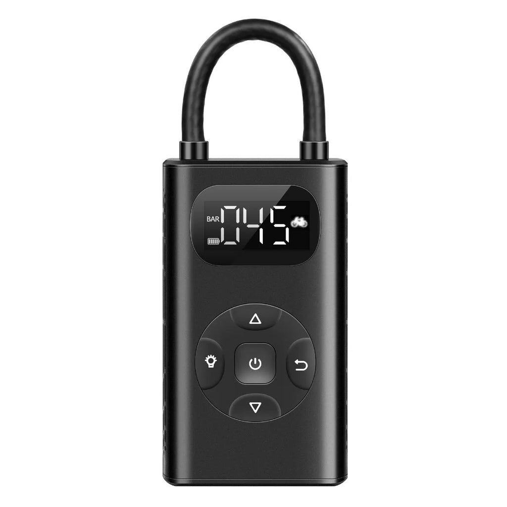 Black portable tyre inflator power bank with USB cable, model M09X, for car motorcycle bicycle.
