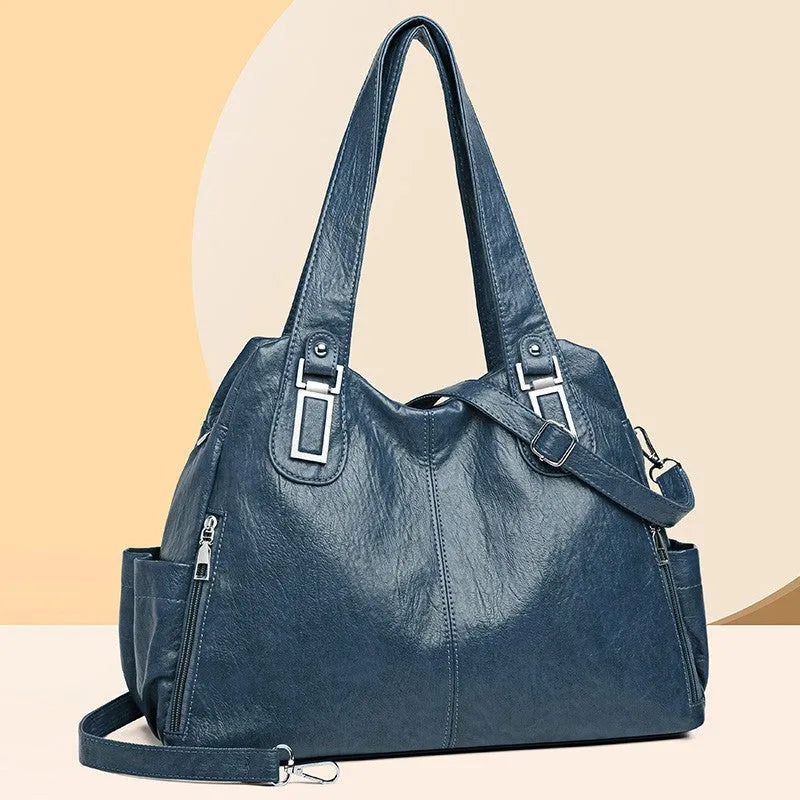 Women's soft PU tote bag with sandwich pocket, square vertical shape, in black, from 2024 European American style range.