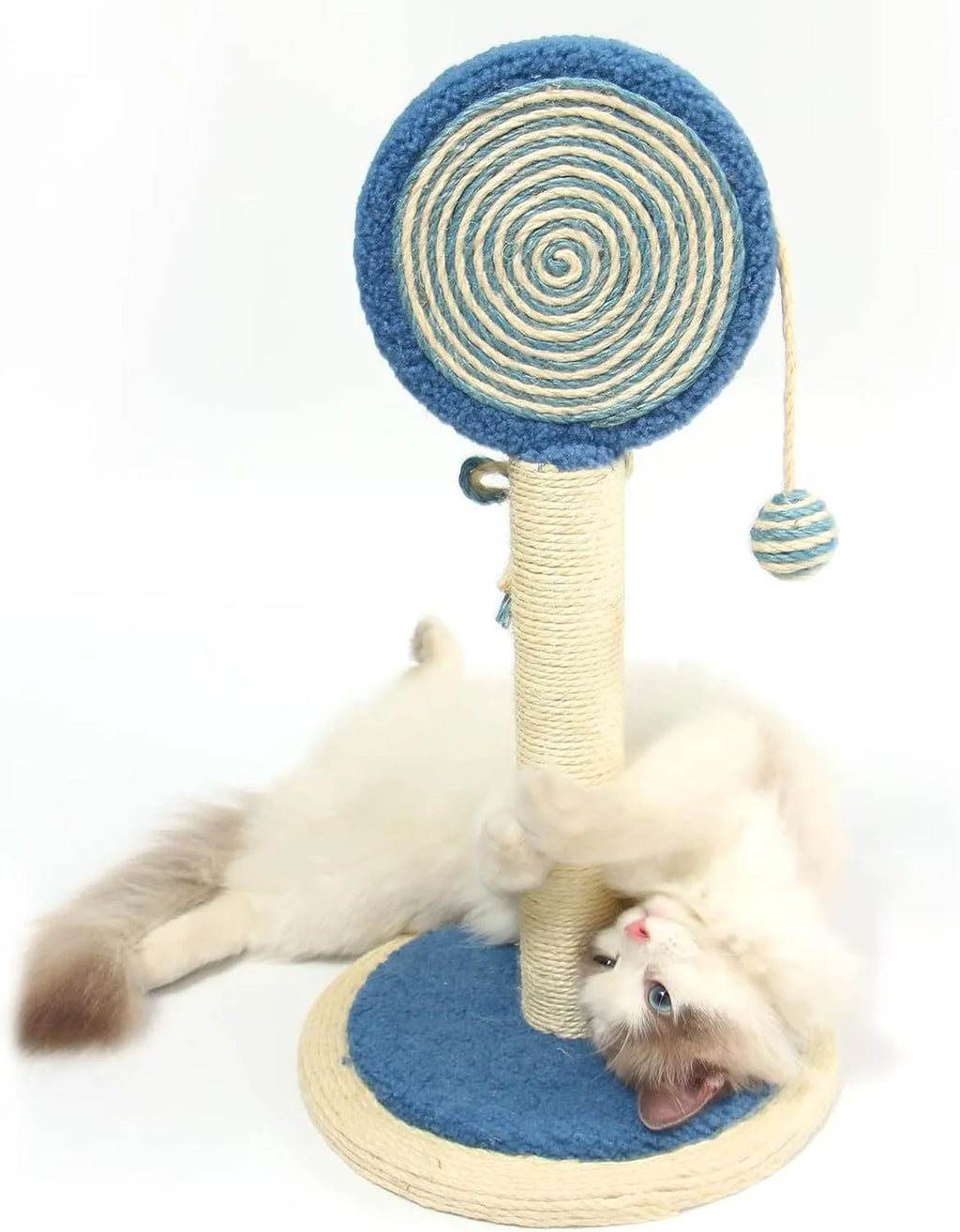 Blue cat scratching post with natural sisal rope and a hanging yellow ball on a sturdy wooden base.