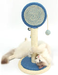 Blue cat scratching post with natural sisal rope and a hanging yellow ball on a sturdy wooden base.