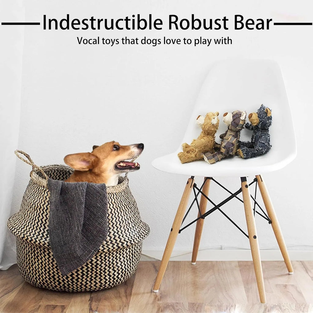 Indestructible robust bear squeaky dog toy for heavy chewers in dark purple denim blue light brown small large sizes