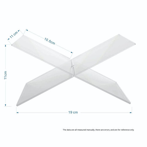 Clear acrylic X-shaped desktop book display rack holding books and magazines