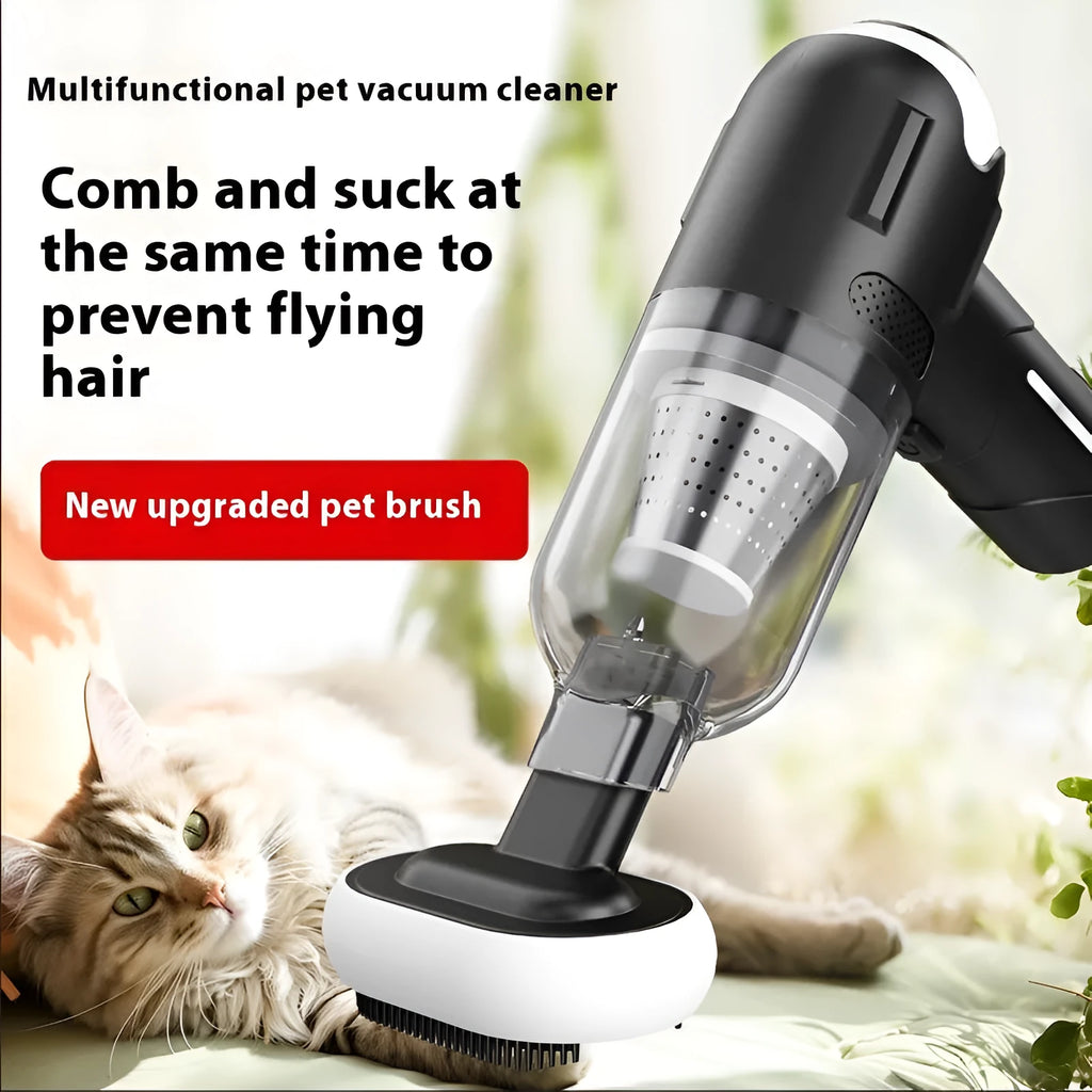 Handheld cordless pet hair vacuum cleaner with floor brush, flat nozzle, and brush attachment on a grey background.