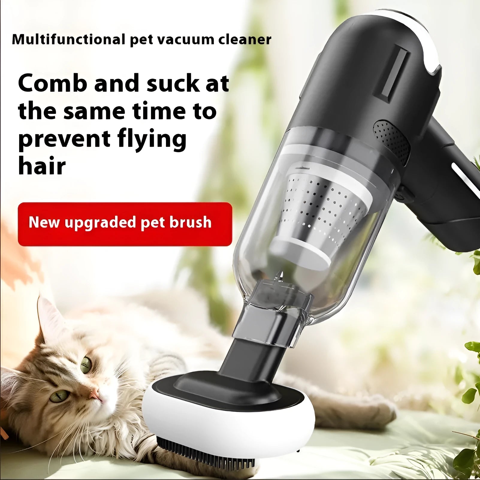 Handheld cordless pet hair vacuum cleaner with floor brush, flat nozzle, and brush attachment on a grey background.