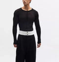 Black slim-fit women's long sleeve mesh top with see-through PU texture and round neck.