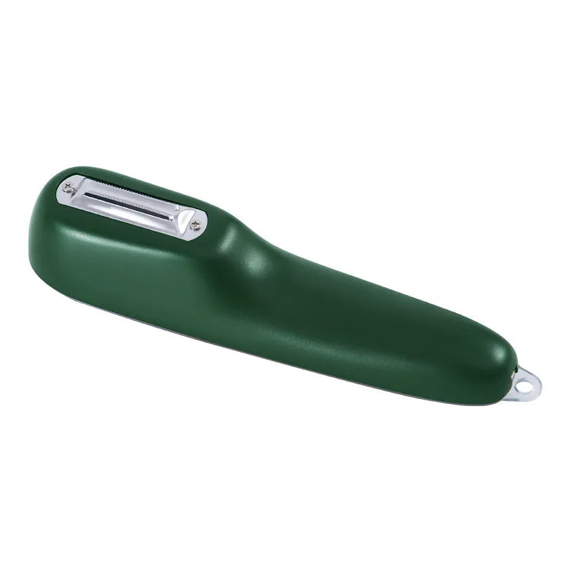 Green fruit and vegetable peeler with a stainless steel blade, plastic handle, and a separate white storage tube.
