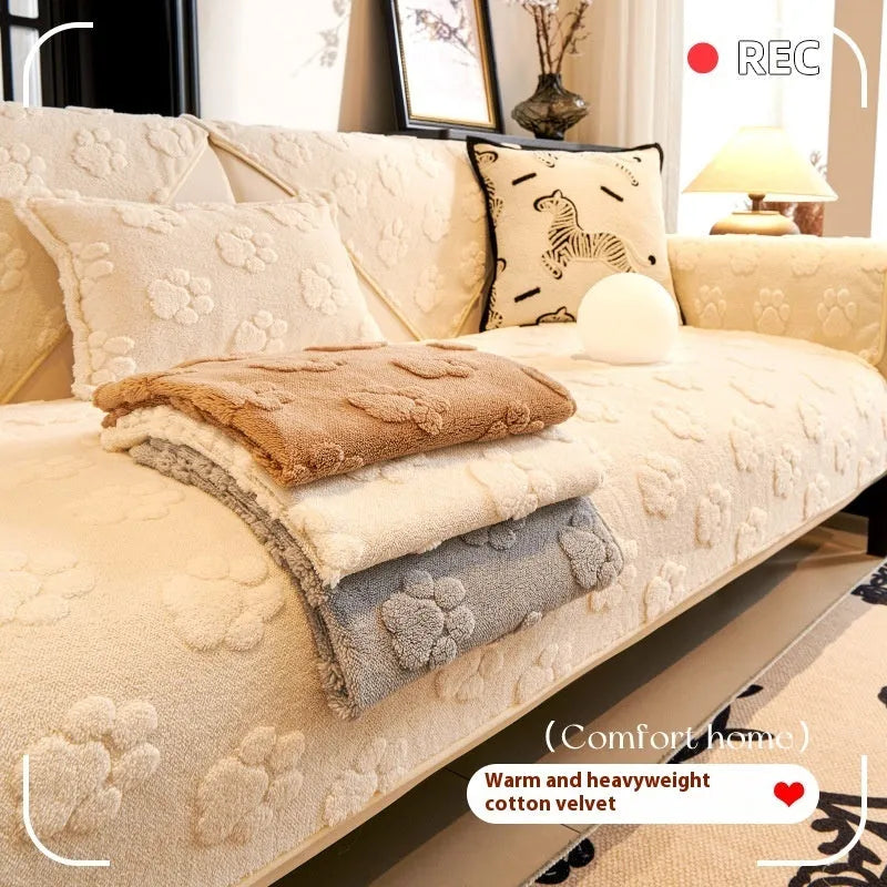 Thickened fleece non-slip sofa cushion in plush solid colour, available in beige, grey, khaki, and pink