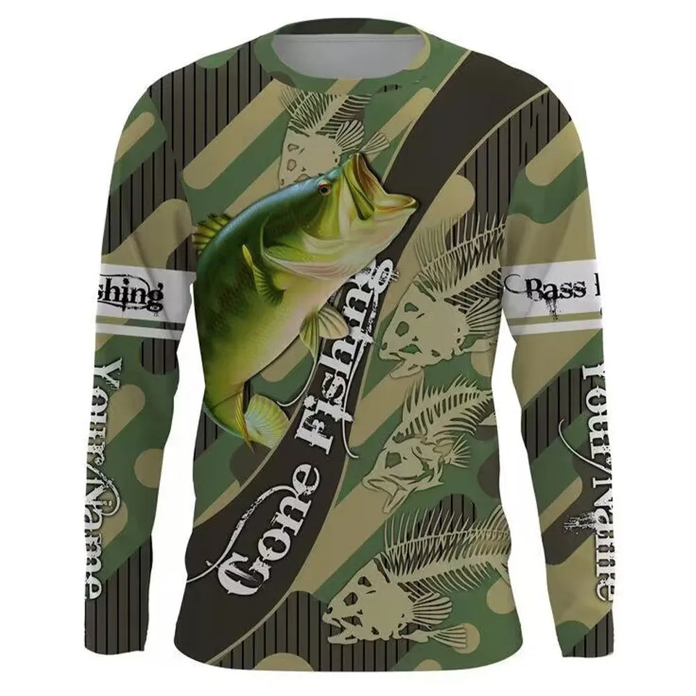 Men's grey pullover top with fish print design on front, round neck and long sleeves