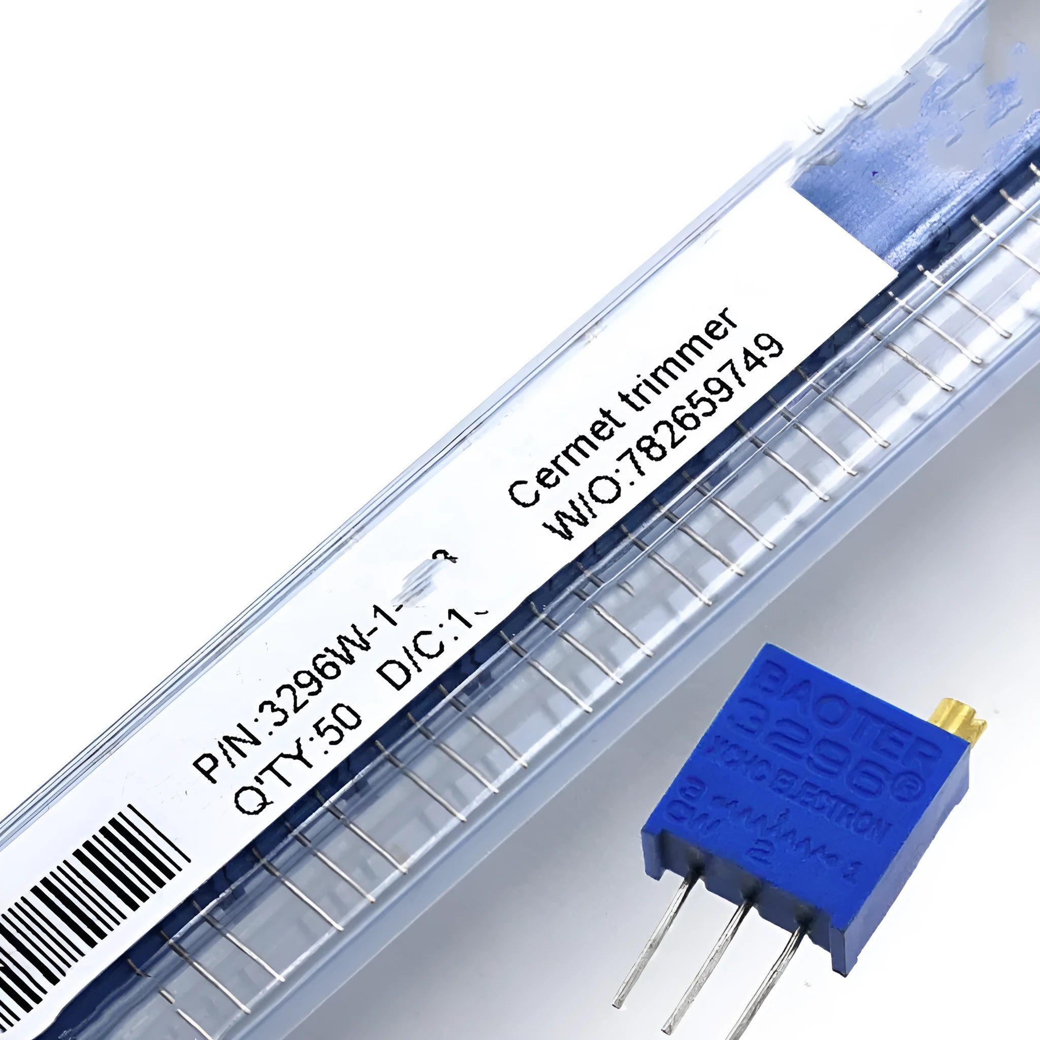 Blue multi turn precision potentiometer 20K 0.5W with glass glaze film on white background