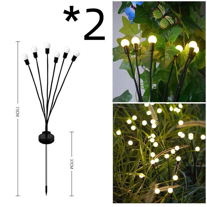 Solar-powered LED firefly ground lamp with multiple light heads for garden pathway illumination