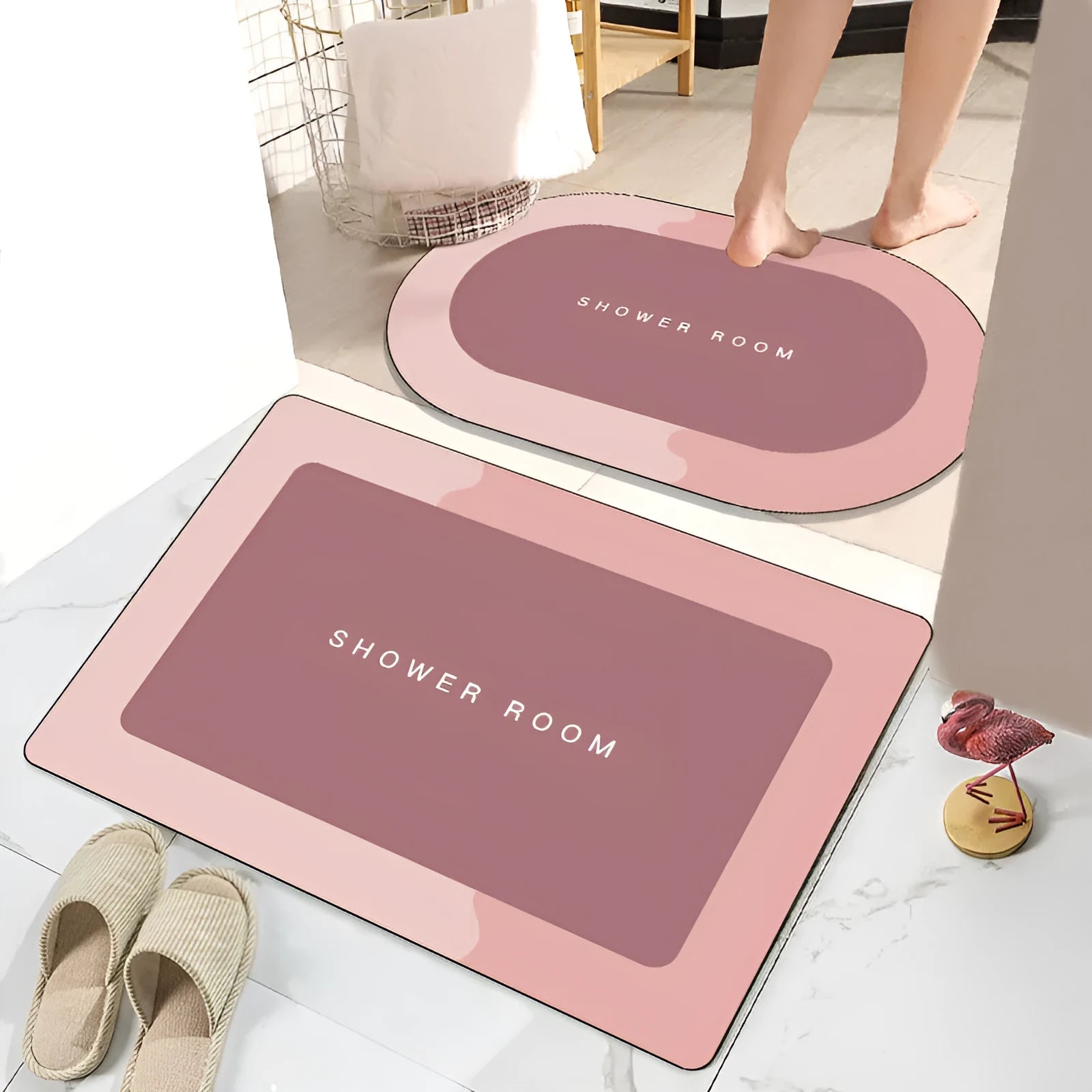 Light grey rectangle crystal velvet non-slip bathroom floor mat with checked pattern