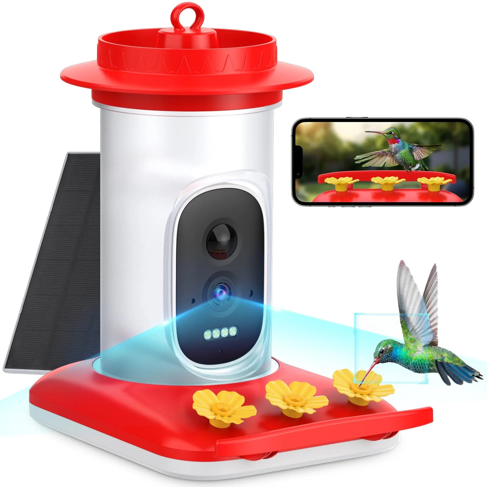 Red intelligent hummingbird water feeder with 5MP HD camera and solar panel mounted outdoors for garden wildlife monitoring