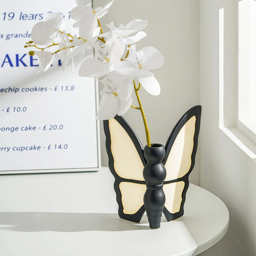 Ceramic butterfly-themed vase and matching waterproof tissue box set for living room decor.