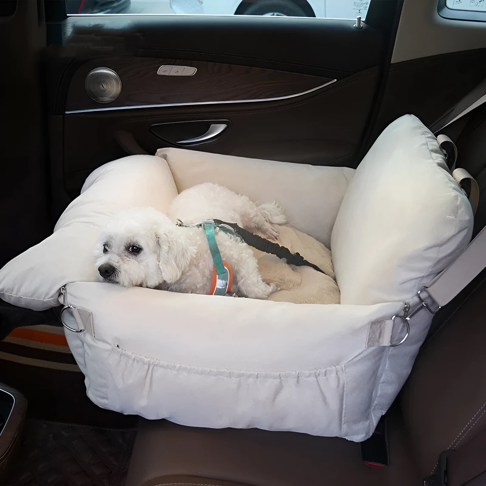 Linen car safety seat front dog bed in beige colour, 60x50x43cm cloth cushion for front seat