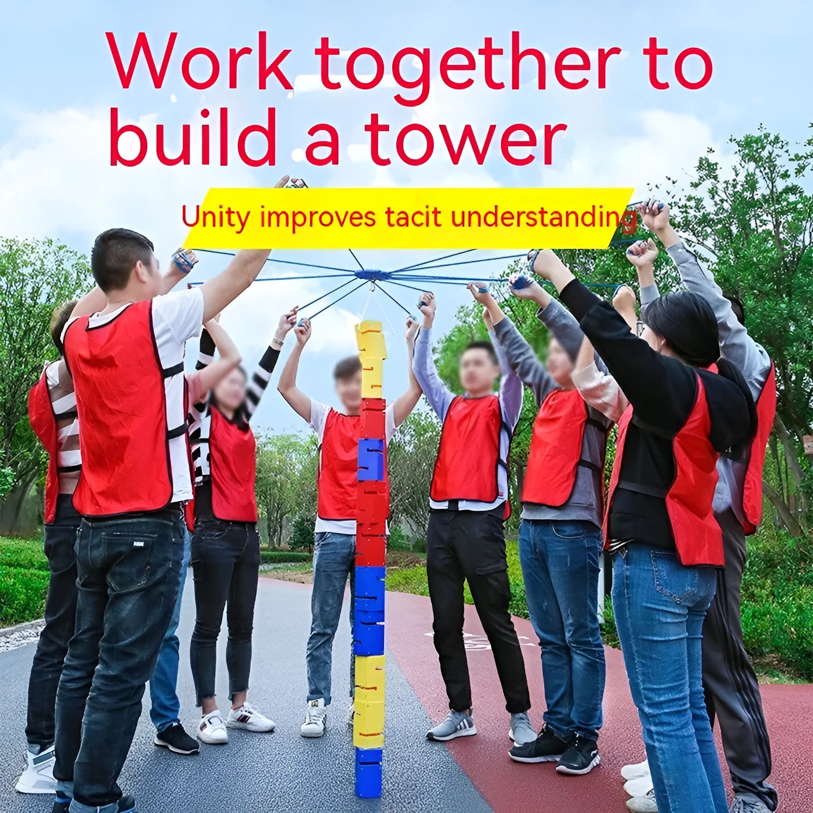 ABS plastic team building tower kit with pull ropes and multiple coloured components for group collaboration activities