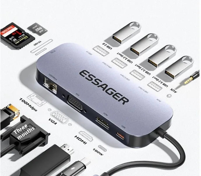 Grey aluminium 11-in-1 USB-C expansion dock hub with attached cable, showing multiple ports including HDMI, VGA, Ethernet, and USB.