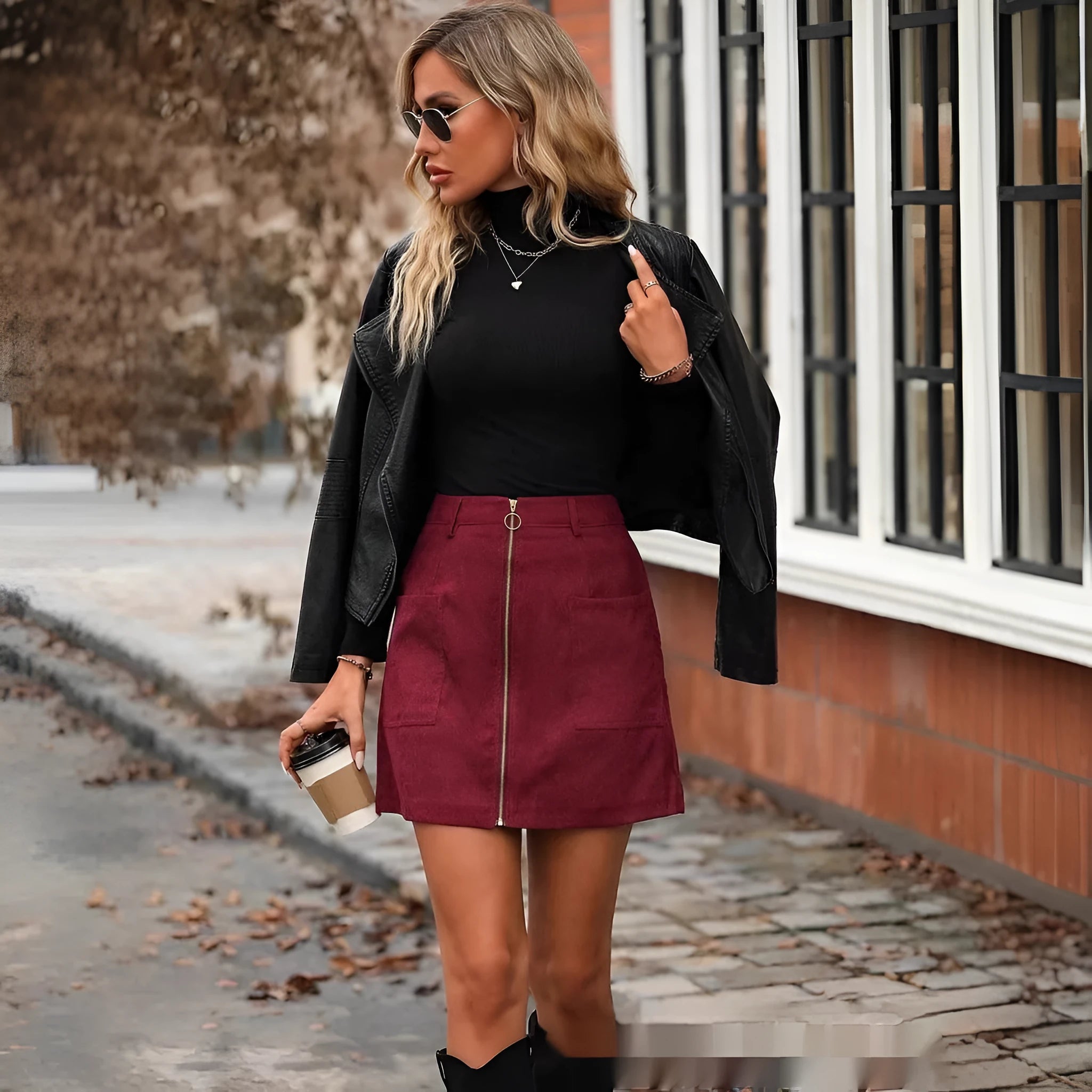 Women's high waist short skirt with side zipper in black, red, camel, or green