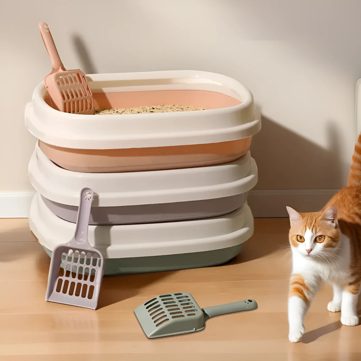 Plastic pet toilet training tray with scoop, anti-splash cat litter box or dog toilet in blue, grey, green or pink